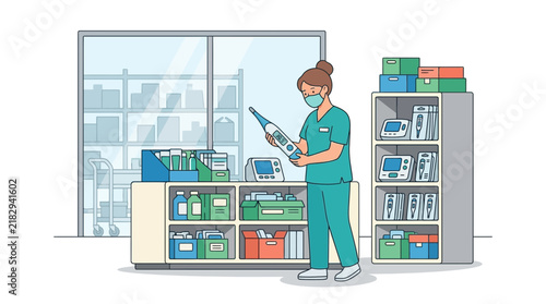 Nurse Holding Thermometer In Medical Supply Room
