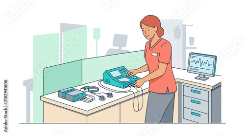Nurse operating medical equipment with monitor showing heart rhythm