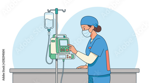 Nurse Operating IV Infusion Pump with Transparent Background