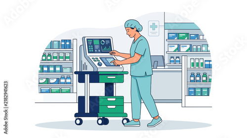 Nurse operating medical equipment, hospital room with shelves of medicine