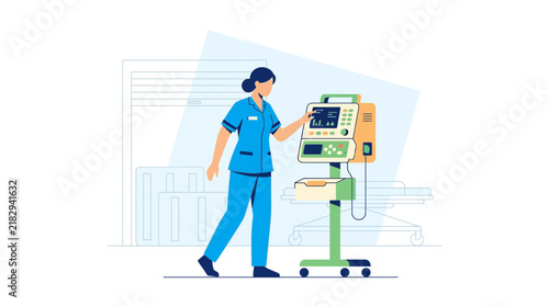 Nurse Operating Medical Ventilator Machine in Hospital