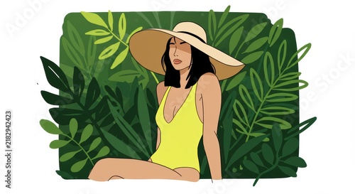 Young woman in a yellow swimsuit sitting among tropical leaves  