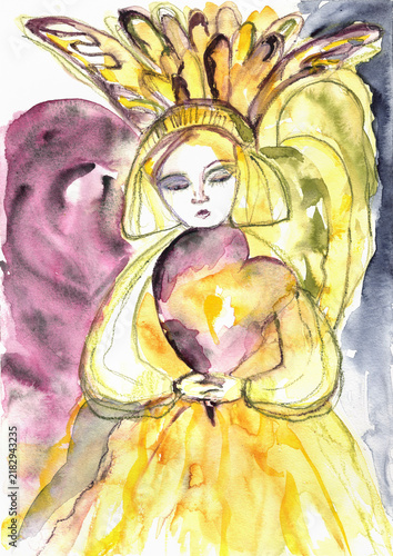 Winged Spiritual Figure Holding a Heart, Expressive Hand-Painted Watercolor
