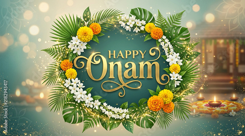 Happy Onam Festival Greeting with Traditional Kerala Pookalam and Brass Lamp