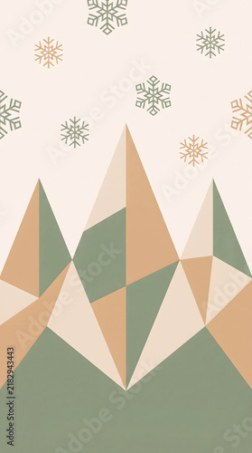 Geometric illustration of mountains with snowflakes on a pastel background for winter themes