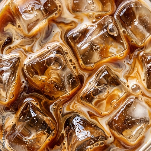 Macro Close-Up of Iced Coffee with Bubbles and Melting Ice Cubes