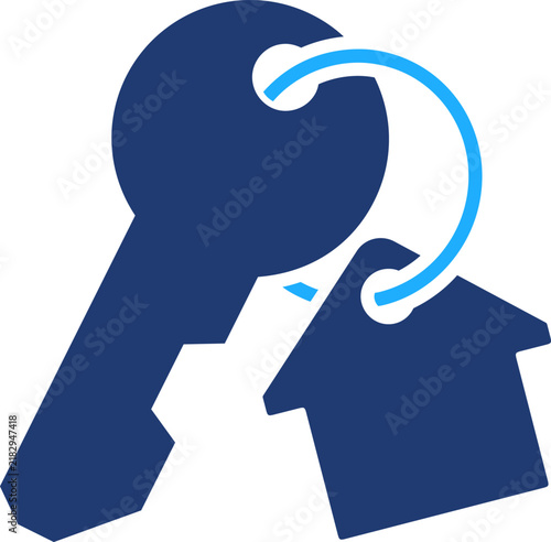 Key house symbol featuring a metallic ring holding a blue security tool and a real estate icon for property ownership and mortgage security concept.