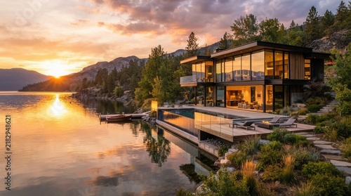 Luxury Modern Lakeside Villa with Infinity Pool at Sunset.