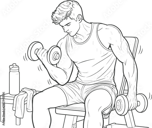 Muscular man sitting on a gym bench performing bicep curls with dumbbells, black and white line of a fitness workout session