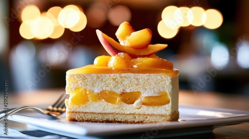 A slice of creamy peach mousse cake garnished with fresh peach slices and jelly topping served on a white plate with elegant bokeh lighting in the background