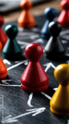 Colorful wooden game pieces arranged on a chalkboard with interconnected arrows symbolizing teamwork communication and strategic planning in business concepts