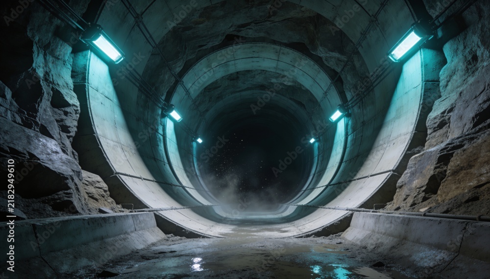 Fototapeta premium Vast underground disposal tunnel carved through smooth rock with pale concrete lining rings receding into darkness, cool cyan work lighting on walls, suspended dust, one point perspective