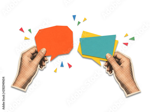 Hands holding colorful speech bubbles collage
