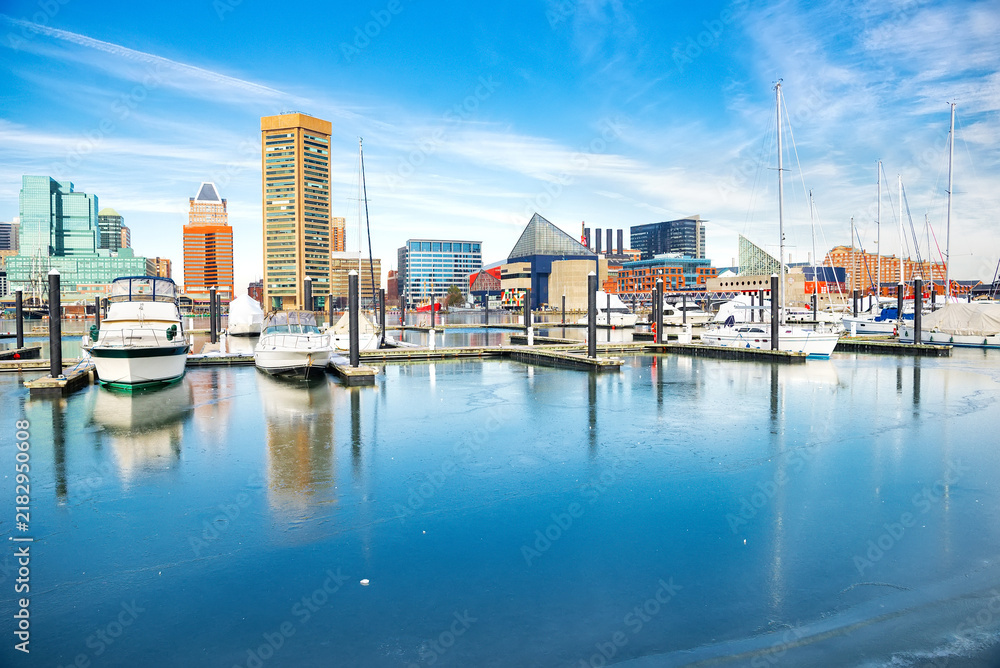 Obraz premium Frozen harbor and cityscape with modern buildings of Baltimore. Reflection in the frozen water.