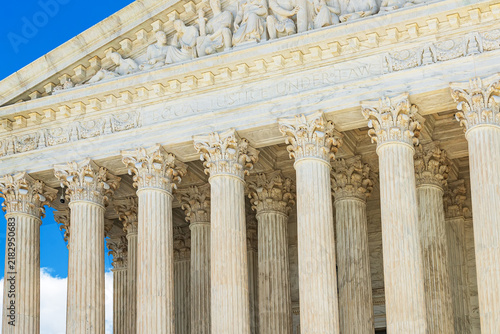 Classical marble columns of United States Supreme Court building in Washington DC legal district