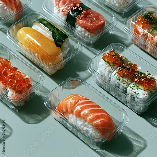 Obraz na płótnie Delicious sushi sits inside plastic containers.