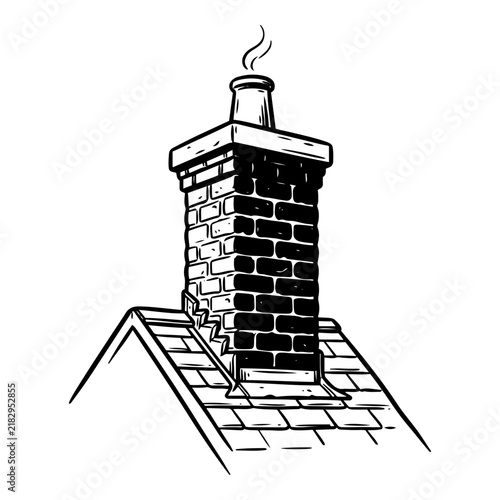 Black and white drawing of a brick chimney on a house roof
