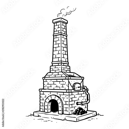 Old brick furnace with tall chimney and smoke illustration

