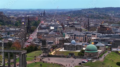 Beautiful Aerial View of Calton Hill and Edinburgh Skyline, Scotland
