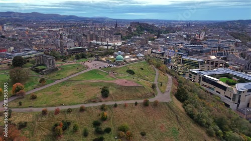 Beautiful Aerial View of Calton Hill and Edinburgh Skyline, Scotland