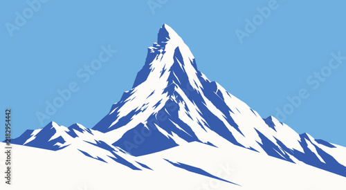 Majestic mountain peak vector illustration, snow capped alpine summit, blue and white winter landscape mountain range