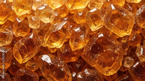 Close-up view of translucent golden brown sugar crystals, macro texture of granulated rock sugar, amber colored crystalline surface, food ingredient background