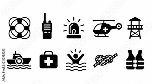 Water rescue and sea safety equipment icon set.