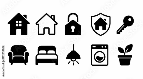 Real estate and home appliance icons.