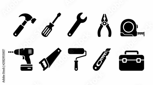 Repair and maintenance hardware tool silhouette icons.