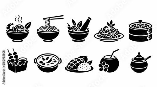 Southeast Asian and Thai culinary silhouette icons set.