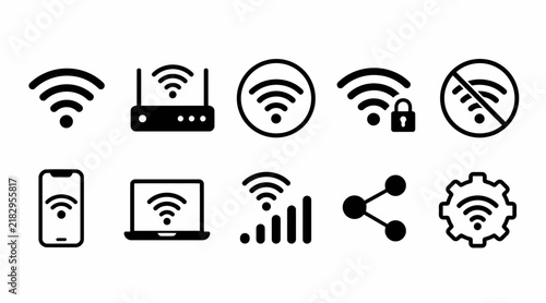 Wireless network and wifi connectivity line icons.
