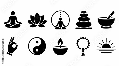 Zen, yoga, and meditation wellness silhouette icons.