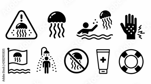 Beach safety and jellyfish warning sign icons