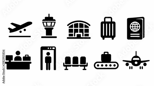 Airport services and passenger facility line icon set.