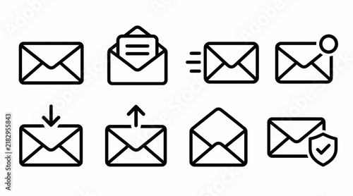 Black linear email and message envelope icon set.
