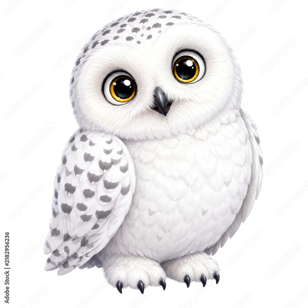 Fototapeta premium Cute snowy owl with big eyes on transparent background. Adorable white bird illustration for kids design, sticker, greeting card, nursery decor and winter