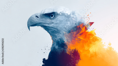Artistic portrait of a majestic eagle blending cool blue tones with fiery orange abstract elements and forest silhouettes in a dynamic composition