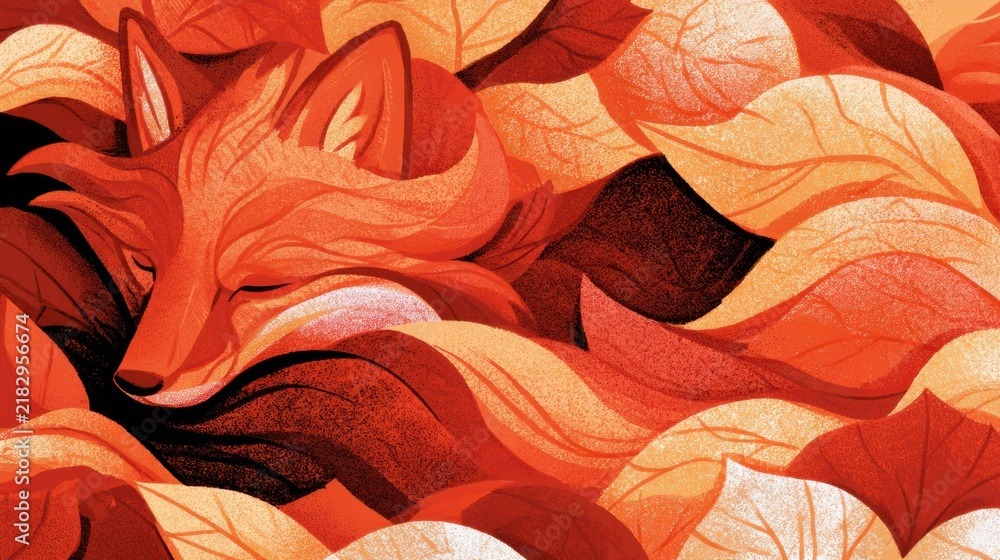 Obraz premium A fox lies among fallen leaves, blending into an autumn scene filled with rich colors and details.