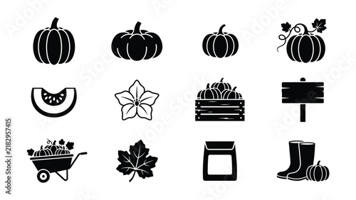 Foto Autumn harvest icons featuring pumpkins vegetables and farming tools set
