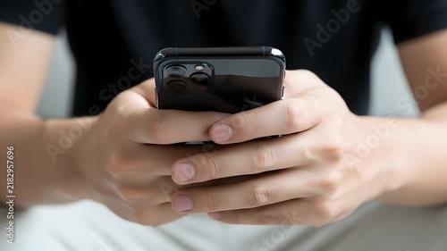 Hands of a young man holding a black smartphone while scrolling through content on the mobile device during a relaxed break in the office environment