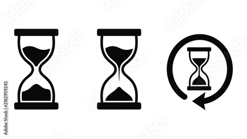 Depicting hourglasses with sand circular arrow symbol representing time passing or countdown on background