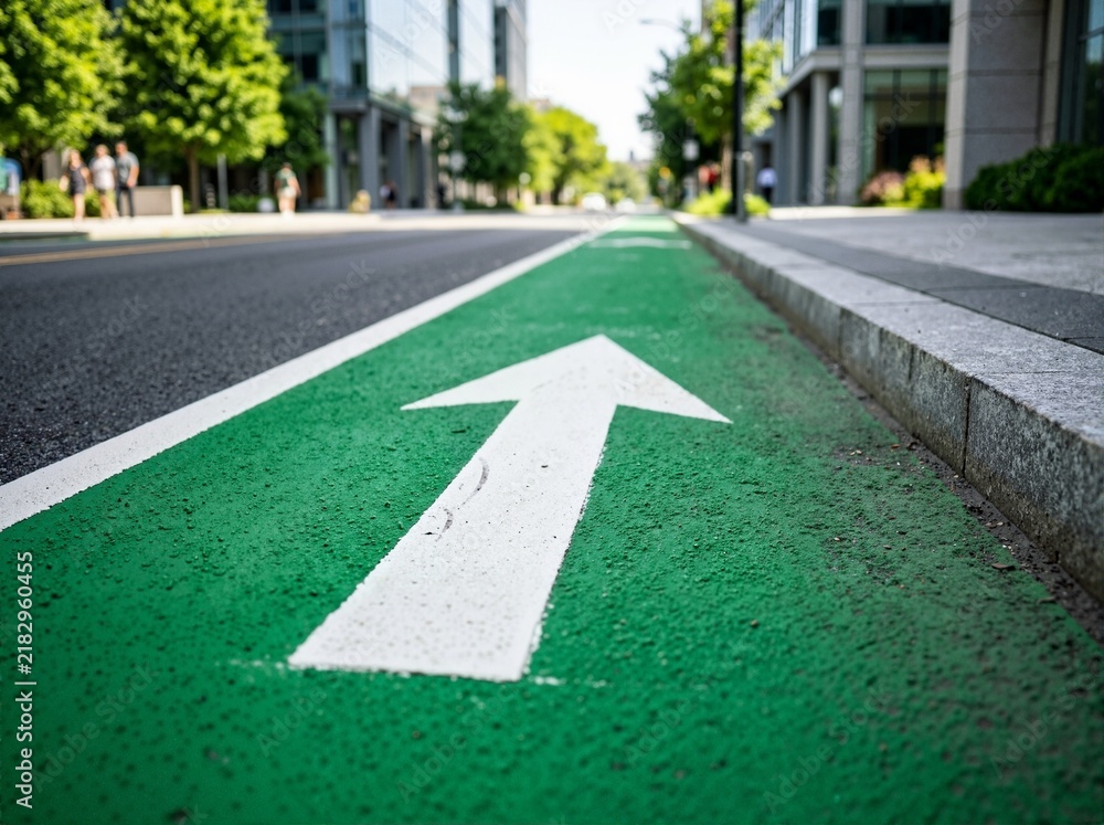 Obraz premium Bright green painted bike lane with a white directional arrow on a city street. Urban infrastructure and safe transportation for cyclists concept