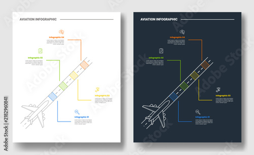 aviation infographic template with diagonal runway four point striped block outline diagram, white and dark version, flat style