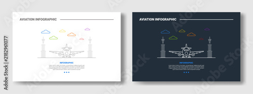 aviation infographic template with front view runway tower cloud outline diagram, white and dark version, flat style