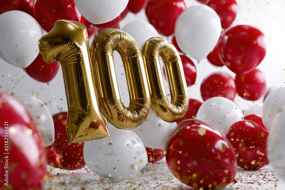 Fototapeta premium Festive scene with golden number balloons celebrating a milestone surrounded by floating red and white balloons and sparkling confetti in vibrant colors