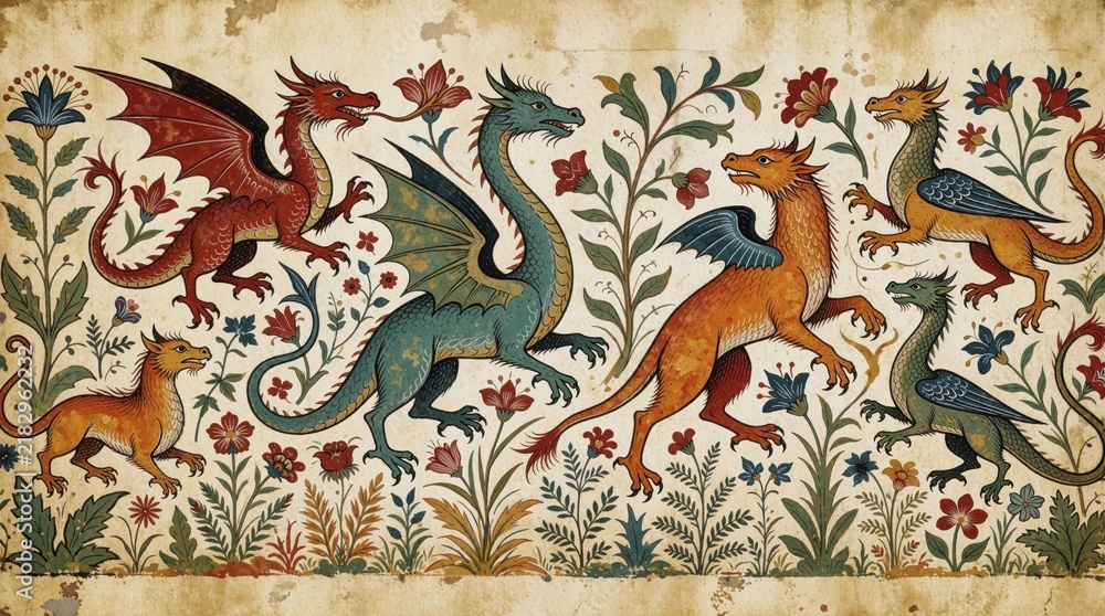 Obraz premium Medieval style illustration features various mythical dragons, ornate floral elements. Artwork shows fantastic creatures in earthy tones with decorative patterns suitable for historical fantasy