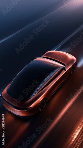 High-speed futuristic electric car with sleek aerodynamic design glowing under vibrant lights on a dark highway at night