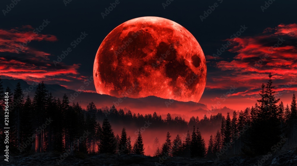 Obraz premium Dramatic blood-red moon rising behind misty forested mountains with vivid glowing crimson clouds illuminating the dark night sky