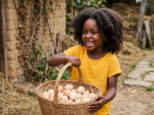 Smiling young farm girl carrying a basket of fresh eggs. Happy child holding a wicker basket with organic brown eggs