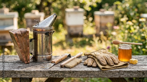 Beekeeping tools and a jar of honey on a wooden bench. Bee smoker, gloves, and brush in an apiary. Honey harvest concept